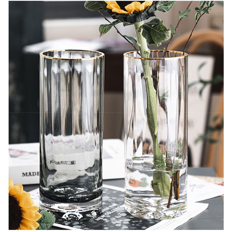 Bình hoa thủy tinh trụ viền vàng decor phòng ngủ và trang trí phòng khách cao cấp | BigBuy360 - bigbuy360.vn