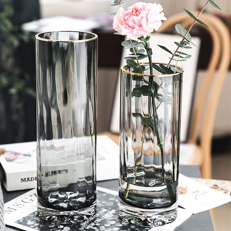 Bình hoa thủy tinh trụ viền vàng decor phòng ngủ và trang trí phòng khách cao cấp | BigBuy360 - bigbuy360.vn
