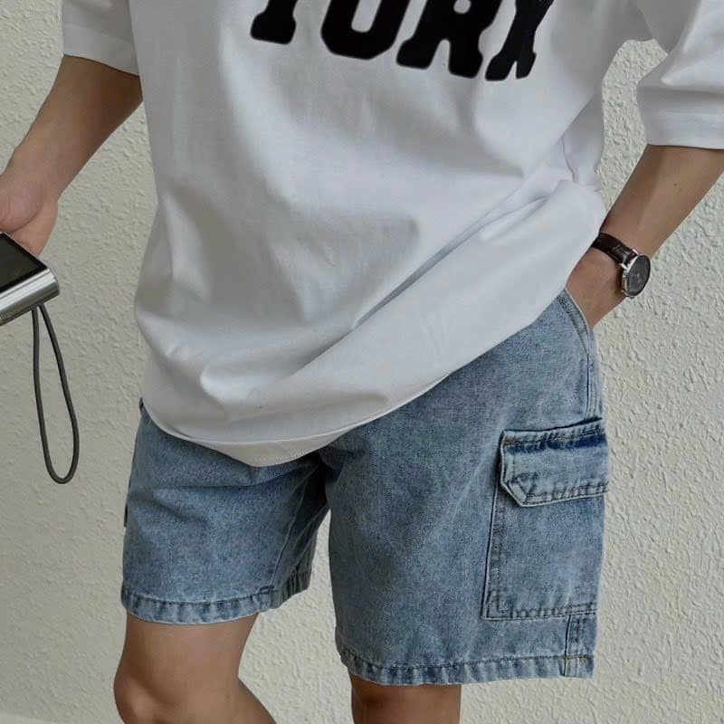 Quần Short đùi Jean Nam Túi hộp co dãn 4 chiều, Quần Sooc bò trơn và rách thời trang NB001