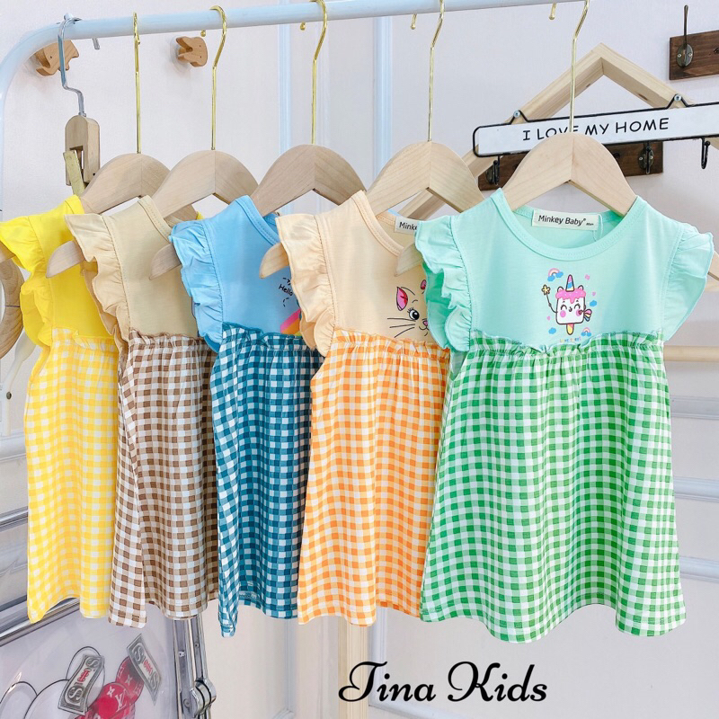 (6-16kg) Đầm Váy Bé Gái Mùa Hè Chất Thun Lạnh Phối Caro