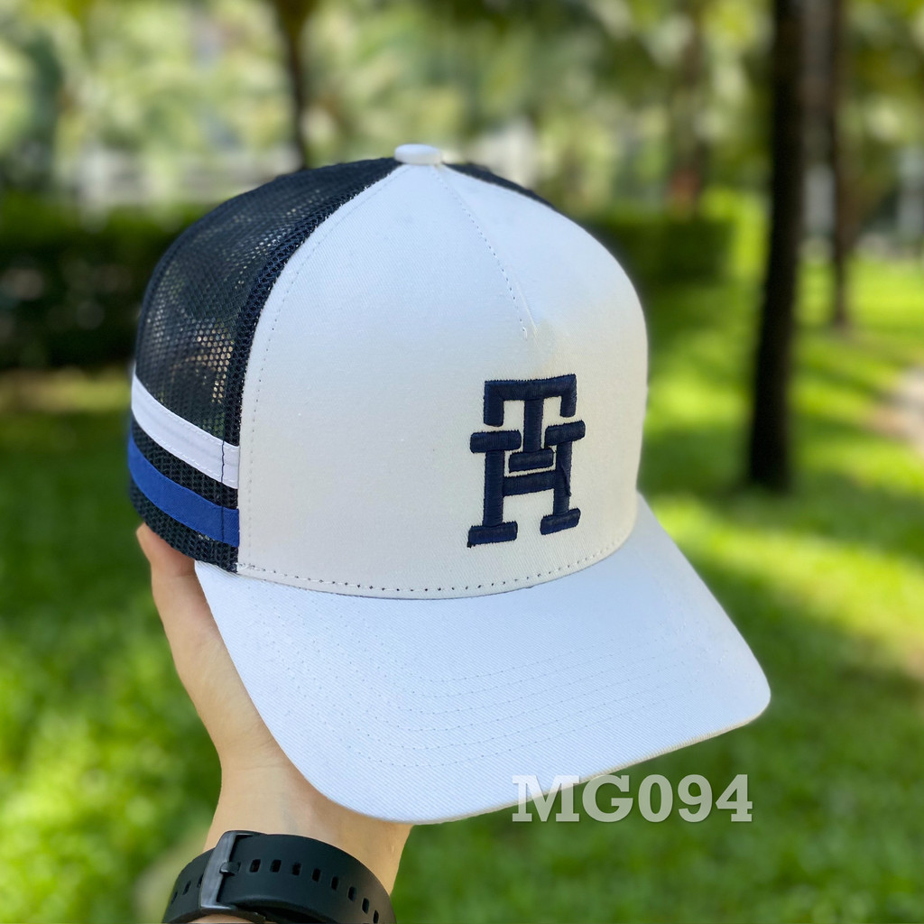 Nón kết đẹp Mũ lưỡi trai lưới Mesh Cap nam nữ thoáng khí màu trắn thêu chữ đôi TH MG094
