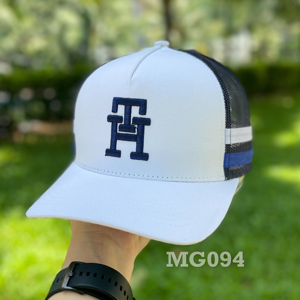 Nón kết đẹp Mũ lưỡi trai lưới Mesh Cap nam nữ thoáng khí màu trắn thêu chữ đôi TH MG094