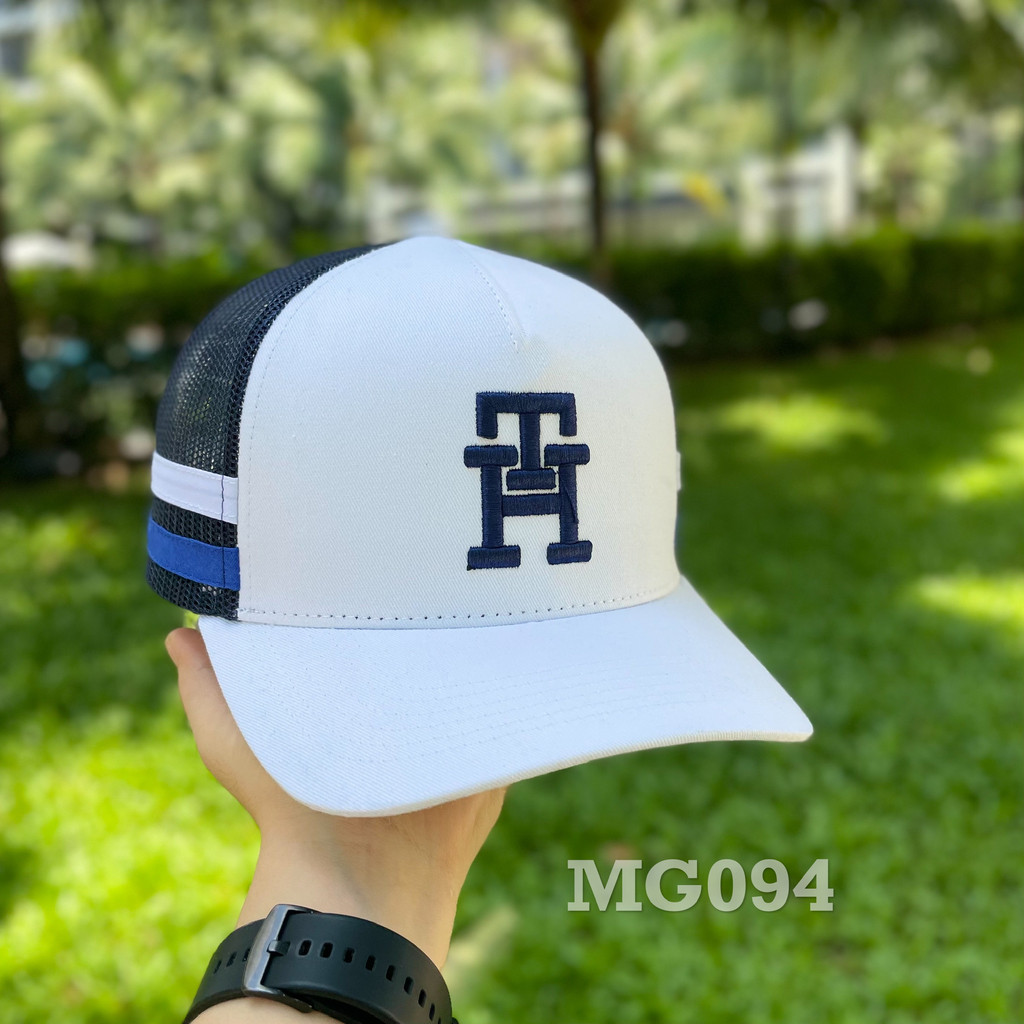 Nón kết đẹp Mũ lưỡi trai lưới Mesh Cap nam nữ thoáng khí màu trắn thêu chữ đôi TH MG094