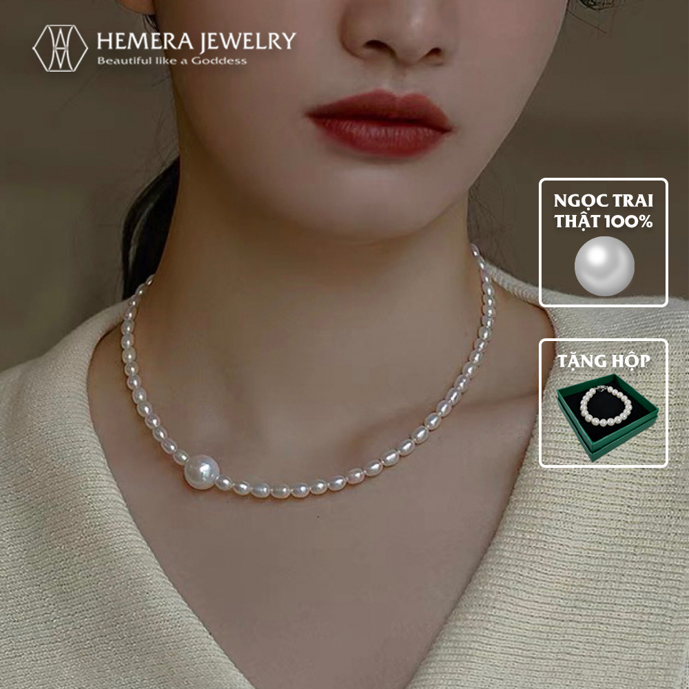 Chuỗi vòng cổ Hemera hạt trai nuôi nước ngọt thật hạt gạo dài size nhỏ HMR69