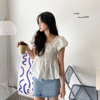 Áo kiểu ngắn tay babydoll trắng ngực bo chun