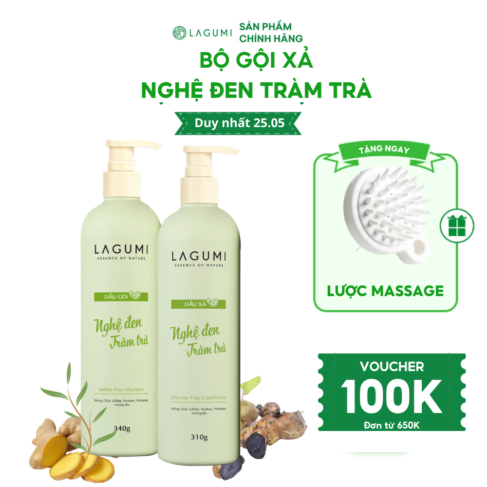 Bộ gội xả nghệ đen tràm trà Lagumi giúp làm sạch giảm bết dầu, ngăn tóc gãy rụng bồng bềnh suôn mượt 340gr 310gr