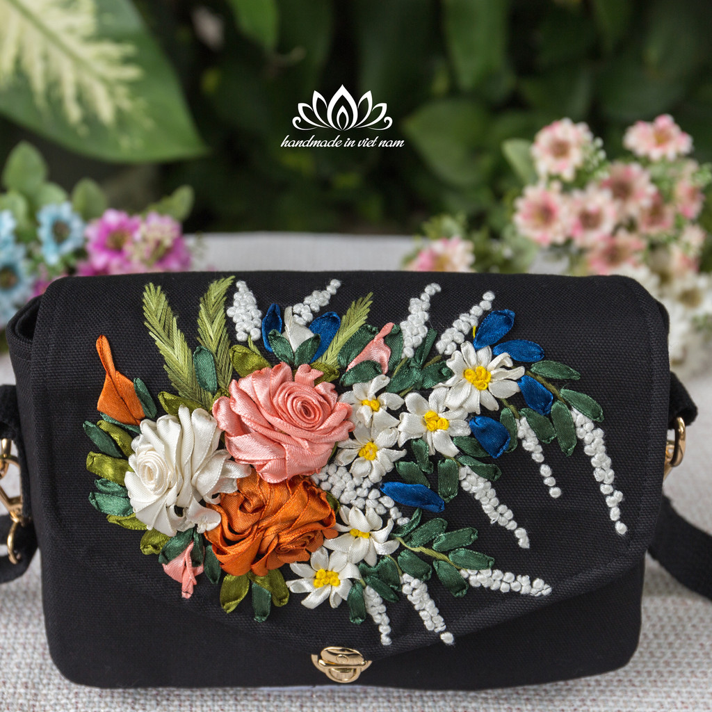 Túi hộp mini, túi thêu tay, túi handmade, túi đeo chéo, túi thêu ruy băng, nữ thêu tay