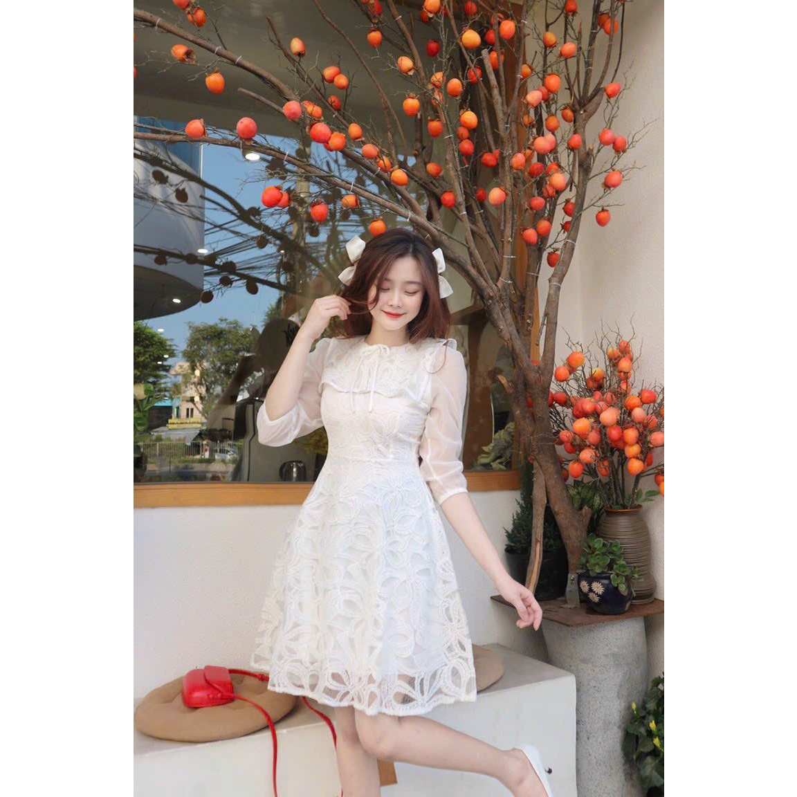 ĐẦM REN PHỐI KIỂU NƠ CÁCH ĐIỆU- Hình shop chụp thật