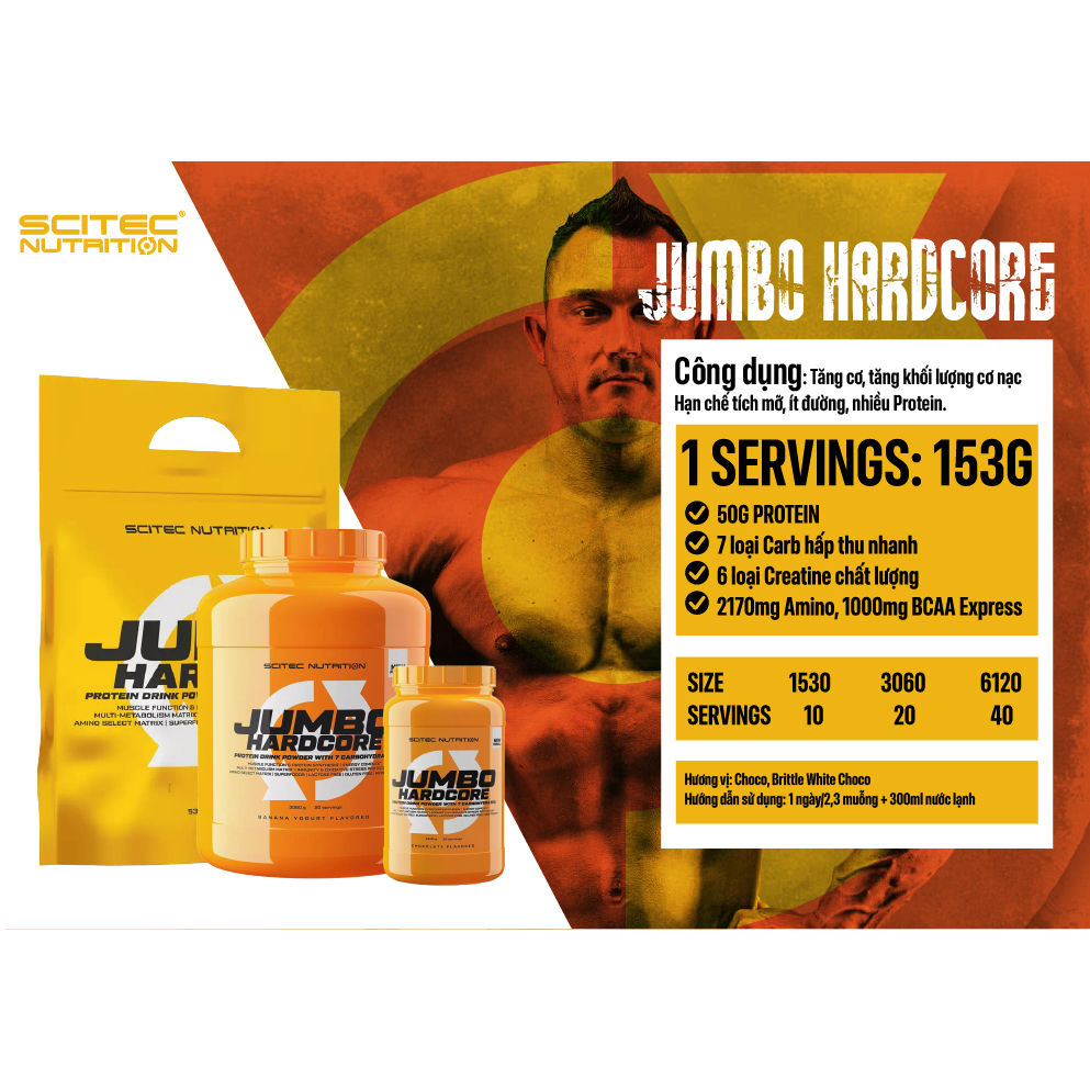 {MASS} JUMBO HARDCORE - Sữa tăng cân, tăng cơ Scitec Nutrition hộp 3060G (20serving) - Chính hãng