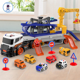 Ô Tô Đồ Chơi Xe Tải Container Biến Hình Đường Đua Cầu Trượt Có Nhạc, Cần Cẩu Tặng Kèm 6 Siêu Xe