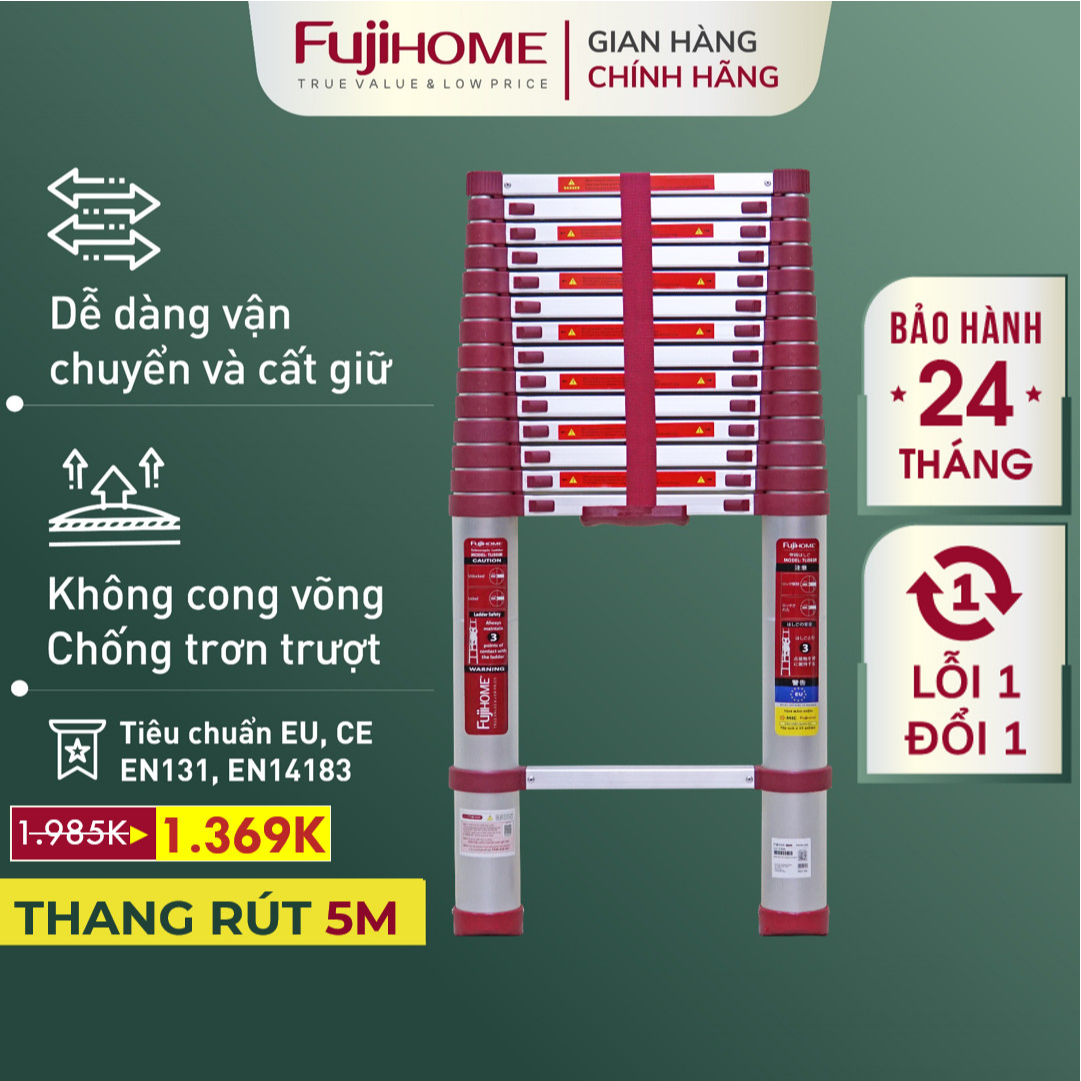 Thang nhôm rút đơn 3,8M - 5M Nhập Khẩu chính hãng FUJIHOME, thang rút đa năng xếp gọn gia đình telescoping ladder