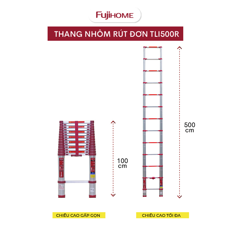 Thang nhôm rút đơn 3,8M - 5M Nhập Khẩu chính hãng FUJIHOME, thang rút đa năng xếp gọn gia đình telescoping ladder
