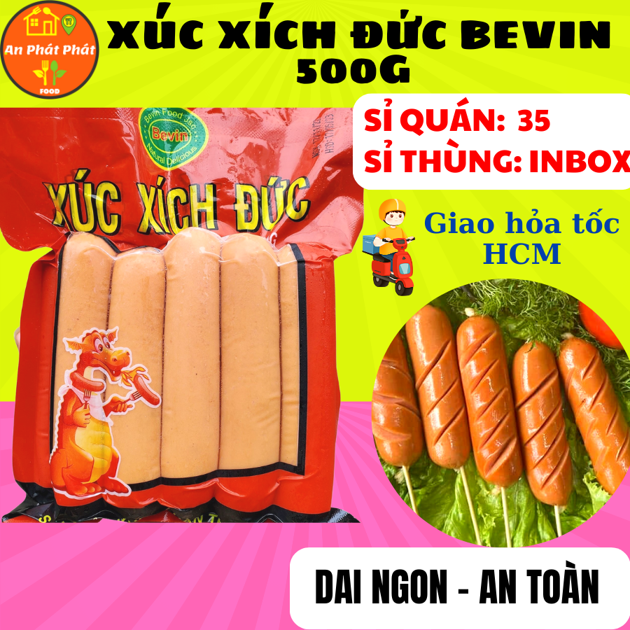 Xúc xích Đức Bevin 500g, 10 cây, tiết kiệm, giòn dai, phù hợp quán trà sữa làm từ thịt gà tươi thực phẩm An Phát Phát