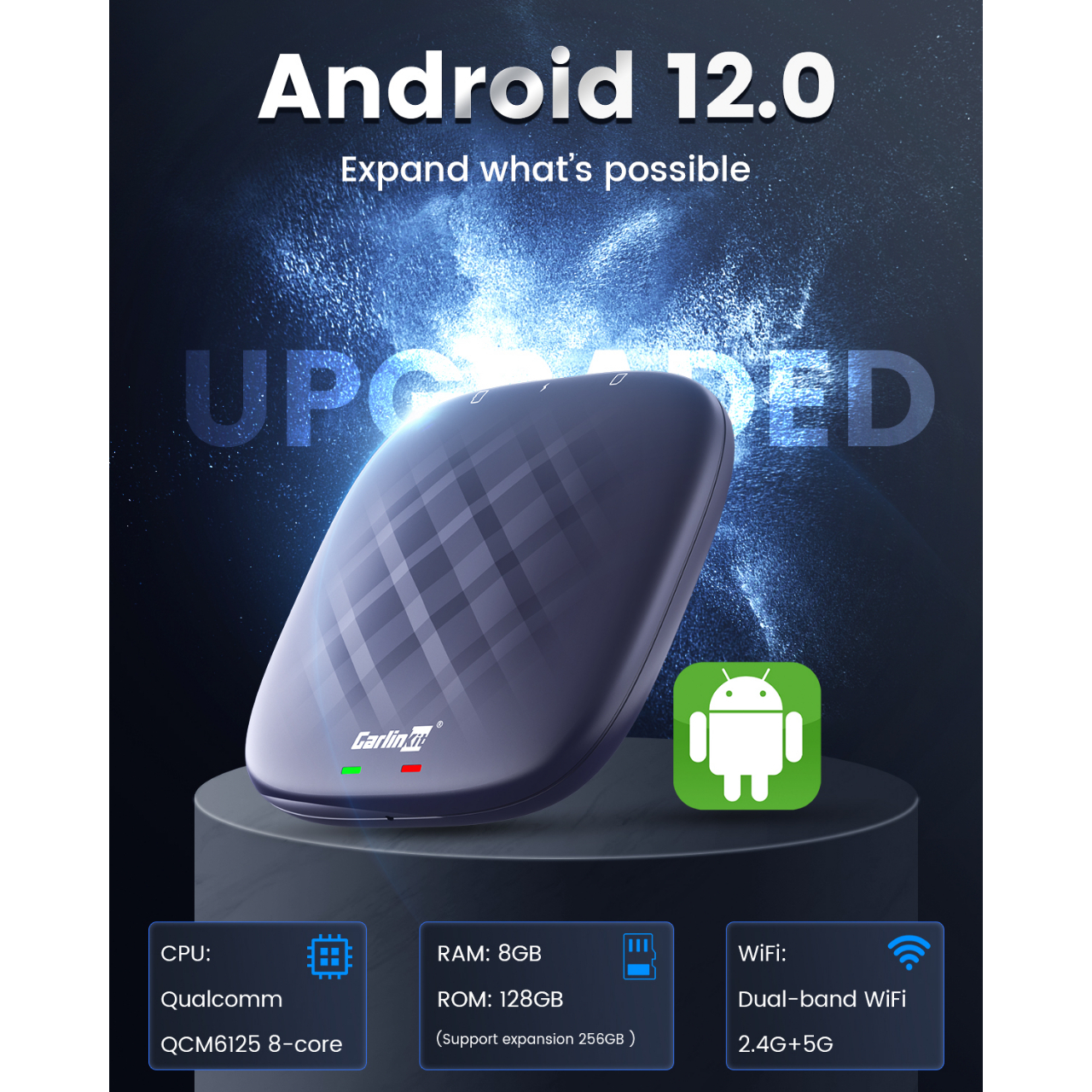 Carlinkit TBox Plus sử dụng chip Snapdragon 665 mới nhất, 3 phiên bản ram 4/6/8GB, hệ điều hành Android 12, tặng sim 4G
