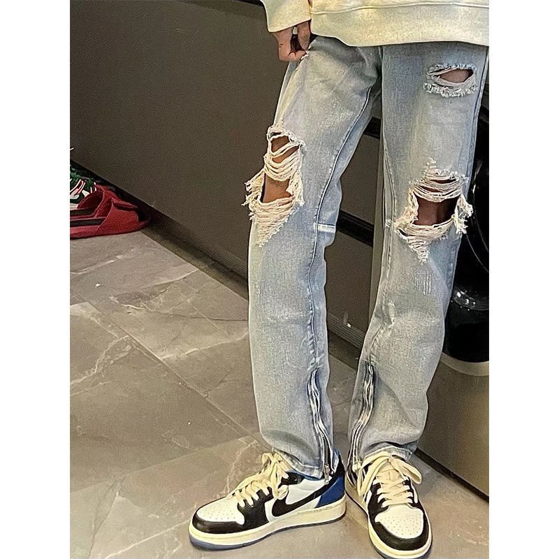 Quần Jean Xanh Bạc Rách Gối Nam Nữ Phong Cách Đường Phố MENFASHION1989 MQK 004