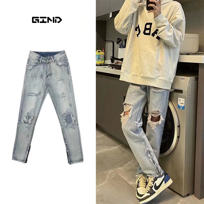 Quần Jean Xanh Bạc Rách Gối Nam Nữ Phong Cách Đường Phố MENFASHION1989 MQK 004