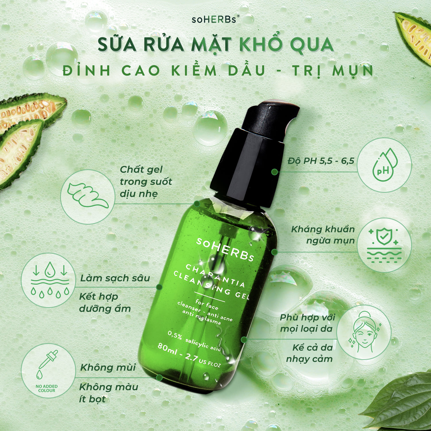 Sữa rửa mặt khổ qua SoHerbs làm sạch sâu ngừa mụn mờ thâm dành cho da dầu nhờn 80ml