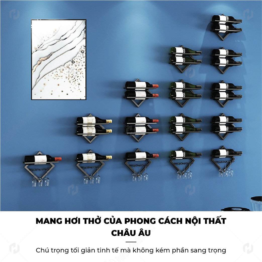 Kệ trưng bày rượu vang 2 tầng kết hợp giá treo ly rượu phong cách hiện đại