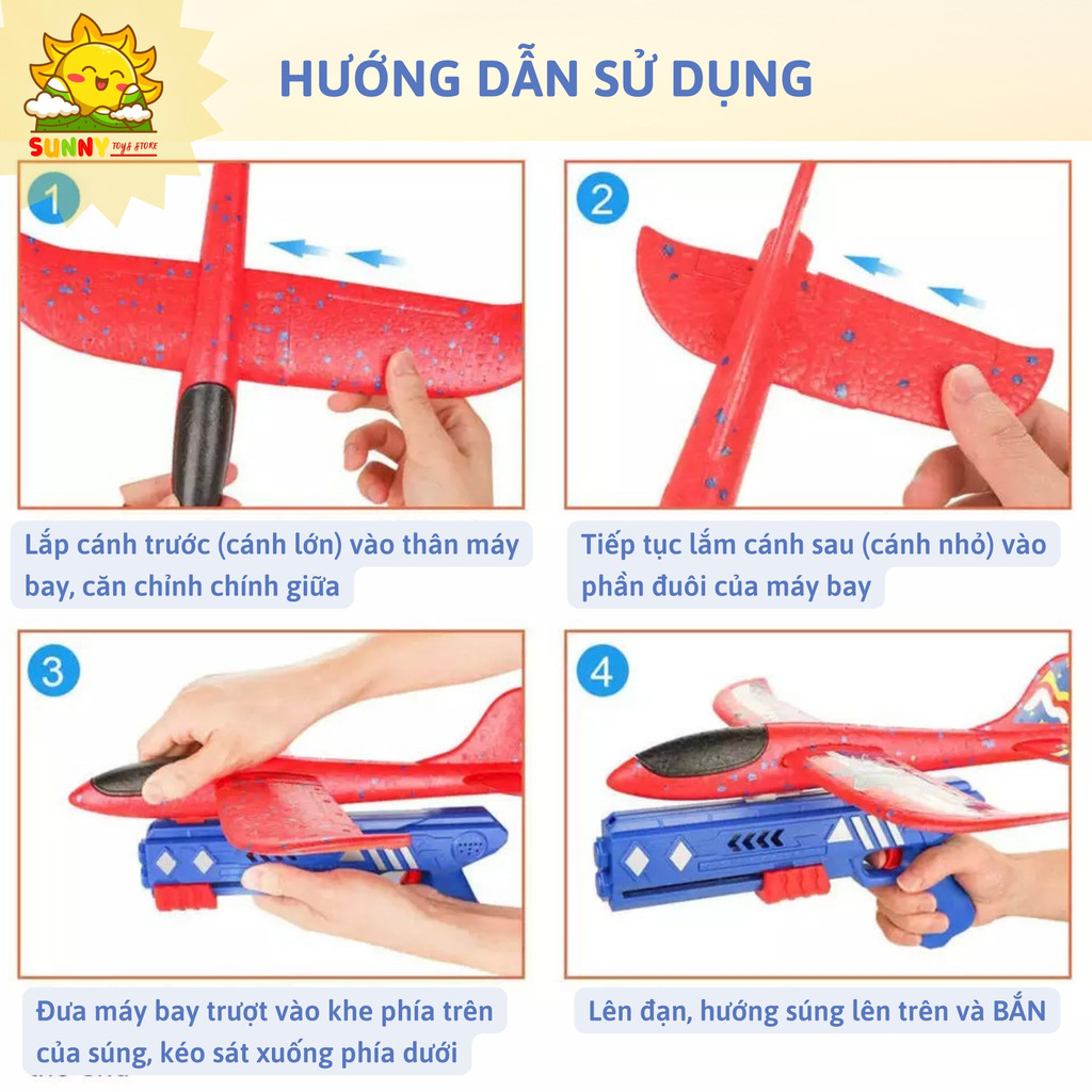 Combo 3 Máy Bay bằng xốp và 1 máy phóng, bộ đồ chơi máy bay cao cấp an toàn cho bé, chứng nhận Intertek - Sunny Kids