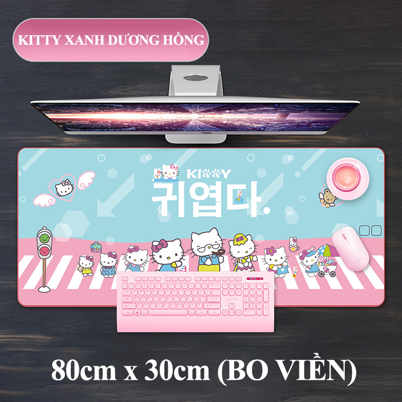 Tấm lót chuột, pad chuột cỡ lớn 80*30cm hình Kitty dễ thương chất liệu vải lụa mượt mà chống trầy xước TLC00009