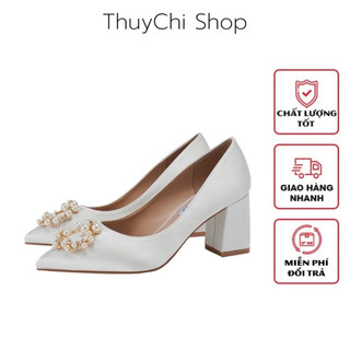 Giày cao gót, giày cao gót đế vuông màu trắng 5 phân chất lụa satin nguyệt quế ngọc - GCCD014
