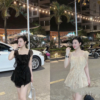 Set áo voan tơ nữ viền bèo tầng kèm quần short dáng ngắn tiểu thư bánh bèo đi biển