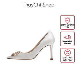 (Sẵn size 37) Giày cao gót, giày cưới cô dâu màu trắng chất liệu lụa satin đính đá cao cấp - GCCD008