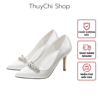 Giày cao gót, giày cưới cô dâu đẹp gót nhọn chất liệu lụa satin đính đá cao cấp - GCCD010