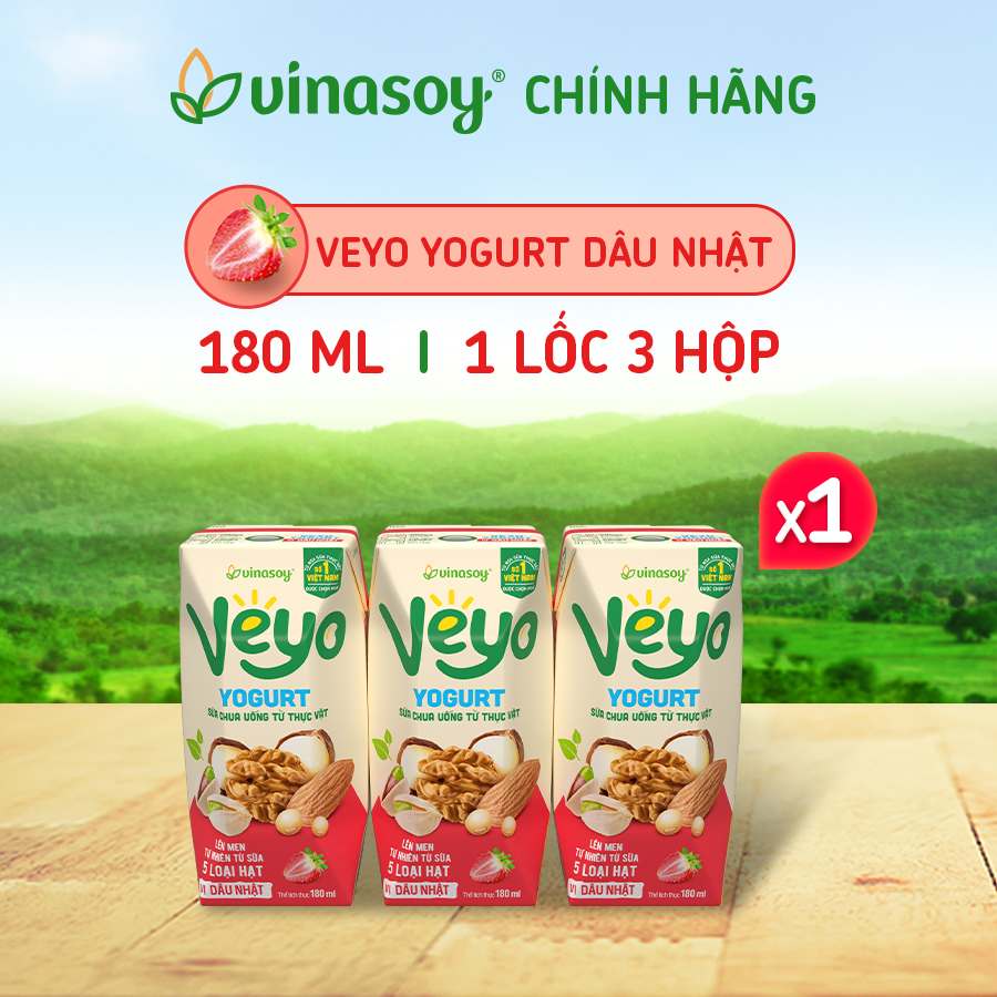 [Hàng tặng không bán] Lốc Sữa chua uống từ thực vật Veyo Yogurt vị Dâu Tây Nhật (3 Hộp x 180ml)