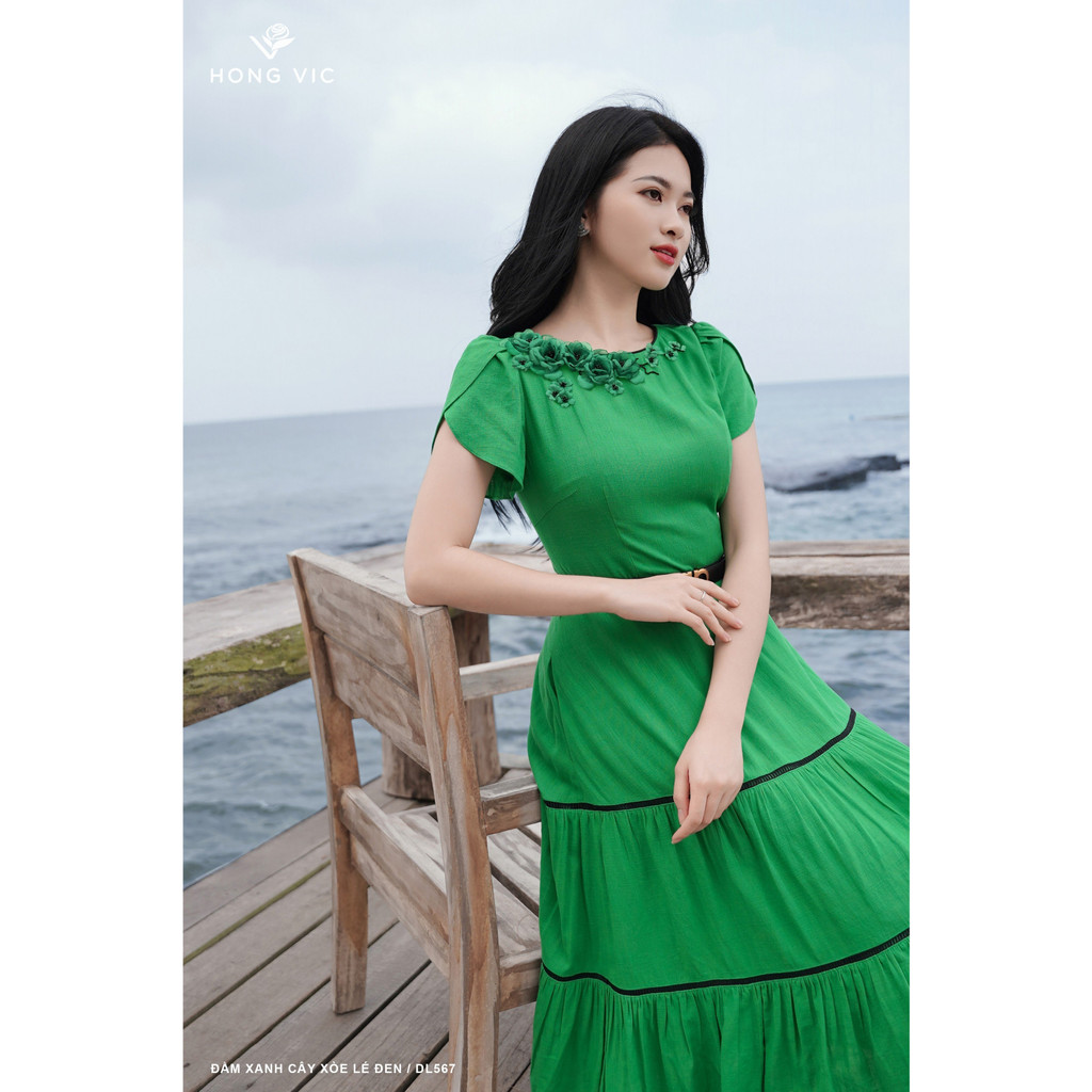 Đầm nữ thiết Kế Hong Vic xanh cây xòe lé đen DL567
