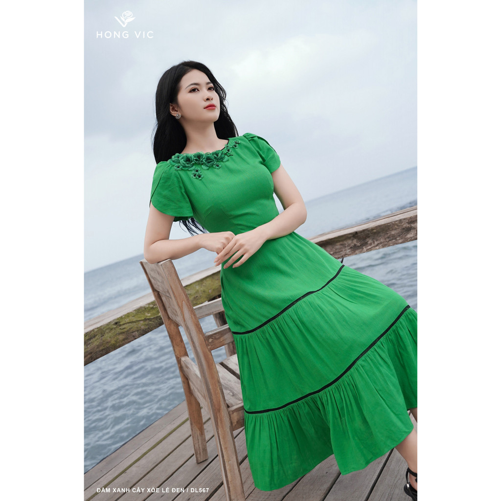 Đầm nữ thiết Kế Hong Vic xanh cây xòe lé đen DL567