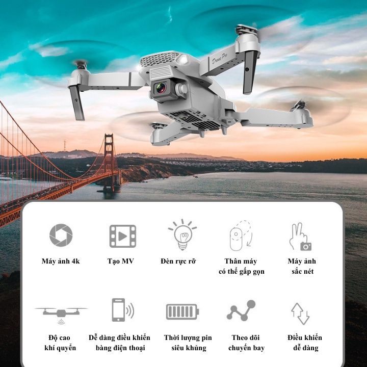 Flycam ,Flaycam, Máy Bay Điều Khiển Từ Xa E88 Pro Drone 4K HD Camera Kép Có Định Vị 1080P WiFi Tặng Kèm Pin Dự Phòng