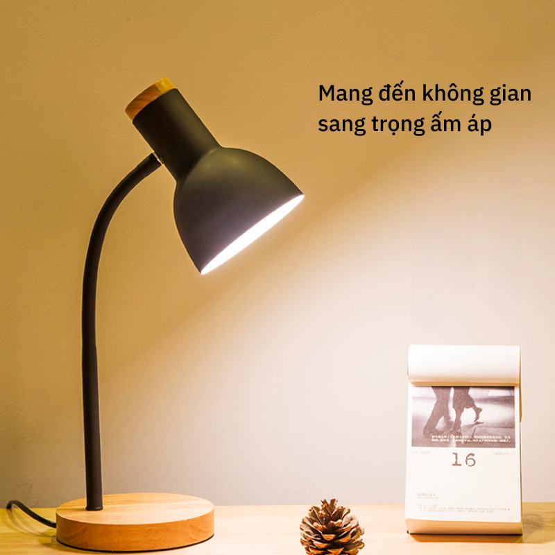 (TẶNG BÓNG ĐÈN) Đèn bàn học đế gỗ, đèn LED để bàn làm việc đọc sách, đèn trang trí phòng ngủ, phòng làm việc