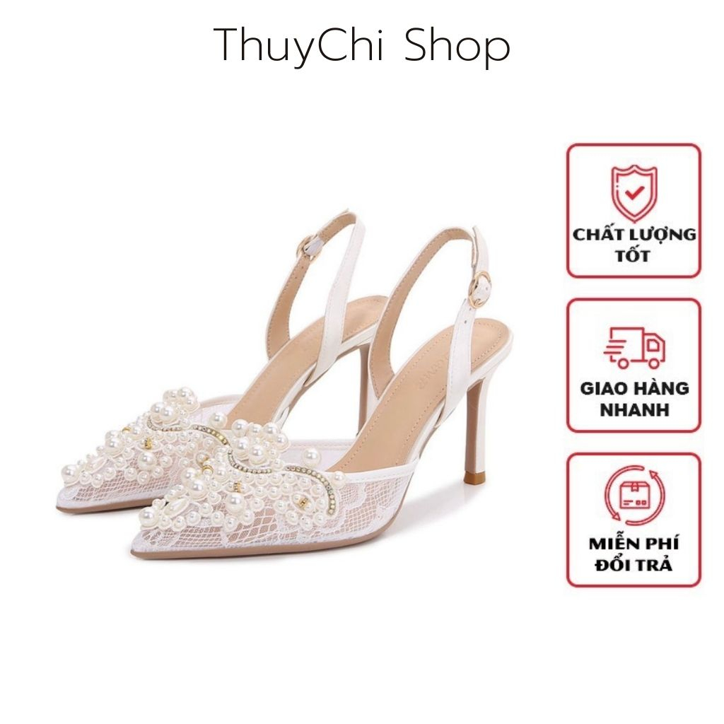 Giày cao gót, giày cưới cô dâu gót nhọn màu trắng đính ren ngọc cao cấp - GCCD028