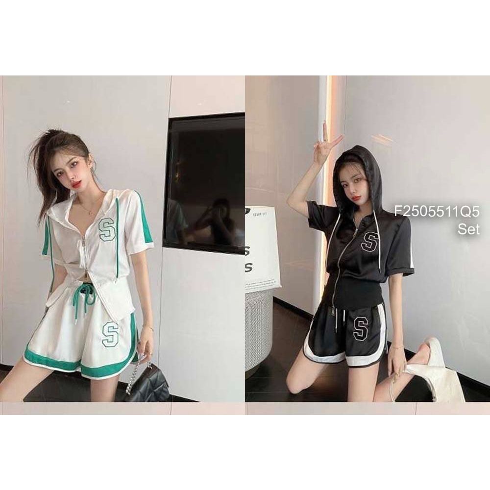 Set bộ thun croptop cổ bẻ, có nón, có khóa kéo kèm quần short, set thể thao