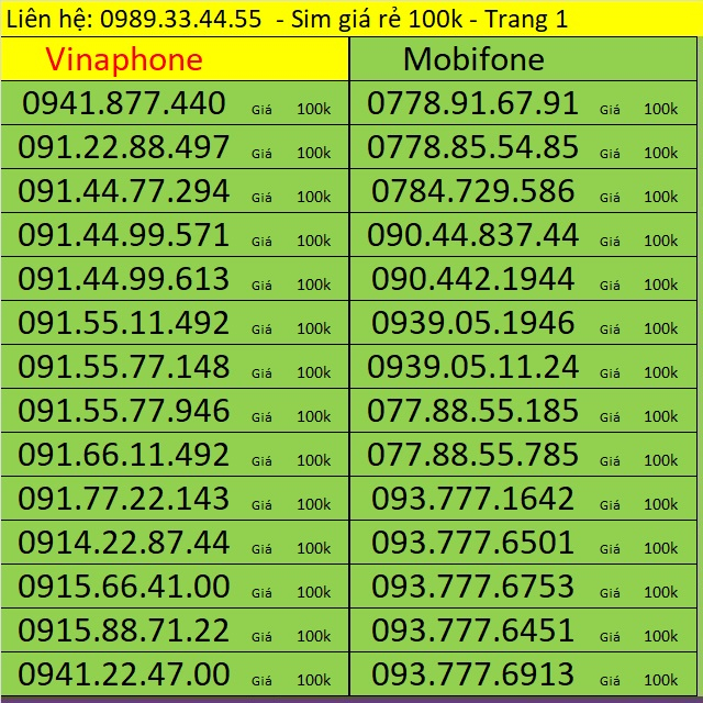 Sim trả trướcgiá 100k đủ loại sim