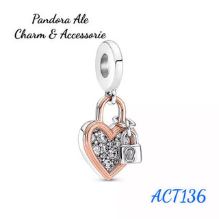 Pan ale charm treo tim phối vàng hồng đính đá ổ khoá bạc s925