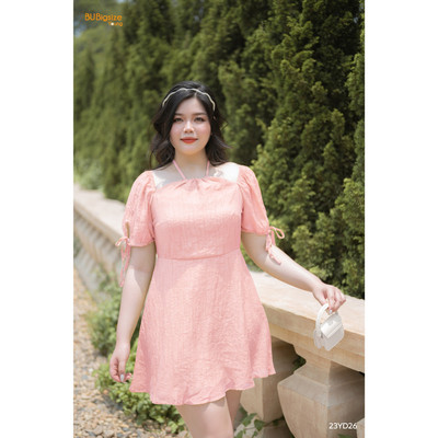 Đầm cổ yếm tay giọt lệ buộc nơ BIGSIZE (55kg đến 95kg) - 23YD26 - [BU Bigsize Young]