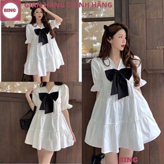 Váy babydoll cổ nơ chất thô mềm 3 tầng bồng bềnh - Đầm tiểu thư trắng nơ cổ V siêu hot siêu xinh ulzzang - BING