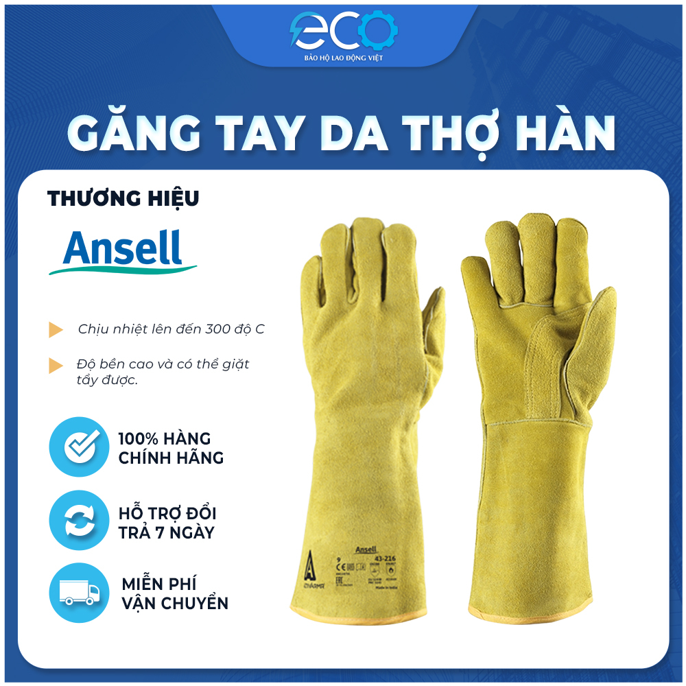 Găng tay da thợ hàn Ansell 43-216 chống cắt trầy xước, vận hành máy móc và làm việc trong môi trường có nhiệt độ độ cao