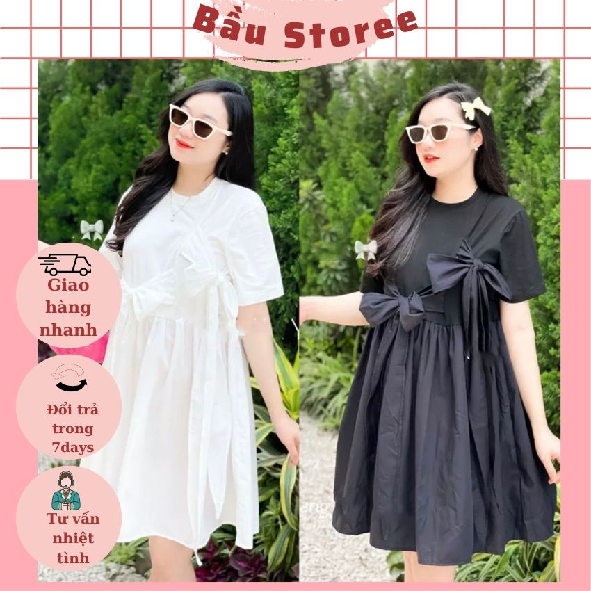 VÁY BẦU BABYDOL BUỘC NƠ TIỂU THƯ XINH XẮN- ĐẦM BẦU MÙA HÈ CHÂT COTTON PHA THÔ ĐIỆU ĐÀ