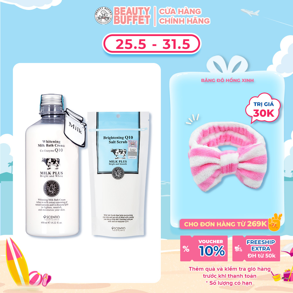 Combo Sữa tắm trắng da 450ml và Muối tắm tẩy tế bào chết con bò Thái Lan 300g Scentio Milk Plus