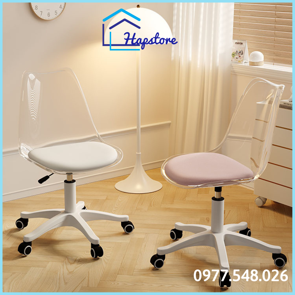 Ghế xoay văn phòng nhựa trong suốt có đệm chắc chắn, ghế tựa phong cách Hàn Quốc decor phòng siêu xinh