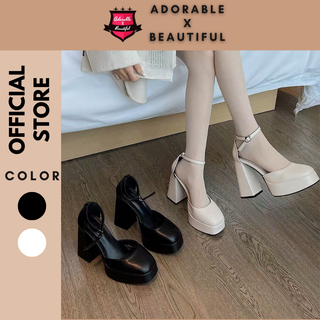   Có Sẵn  Giày MARY JANE Đế Trụ Vuông 12 Phân Khóa Cài Đen Trắng Giày Cao Gót Bít Mũi Gót Vuông  AdorablexBeautiful  