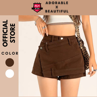 [Ảnh Thật] Quần Giả Chân Váy Jeans Nữ Kiểu Nút Lệch Nâu Trắng, Chân Váy Jean Y2K Ulzzang Vạt Chéo [AdorablexBeautiful]