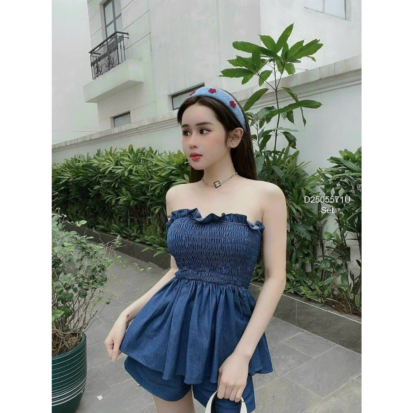 Set bộ áo peplum cúp ngực viền bèo phối quần short cực xinh!