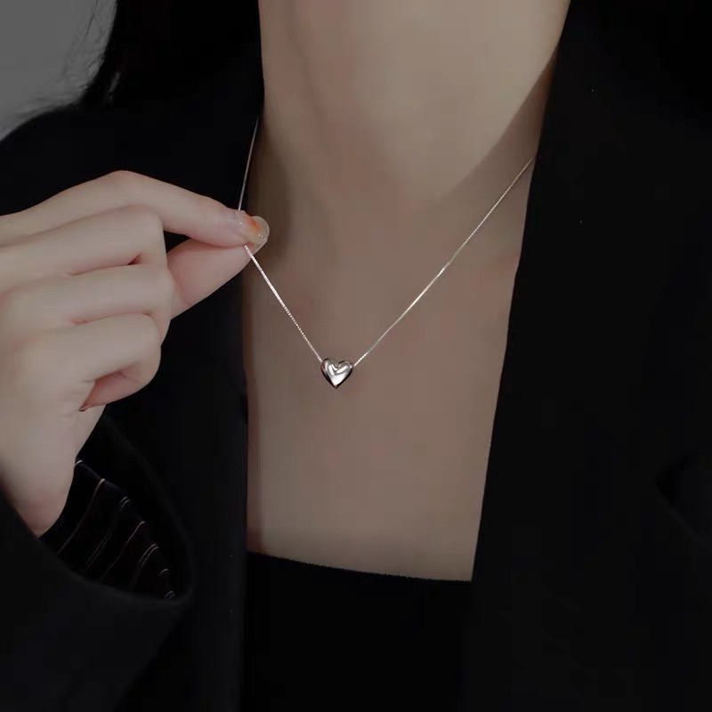 Dây chuyền Bạc nữ Cao cấp Vòng cổ Trái tim Phồng Cỡ Vừa