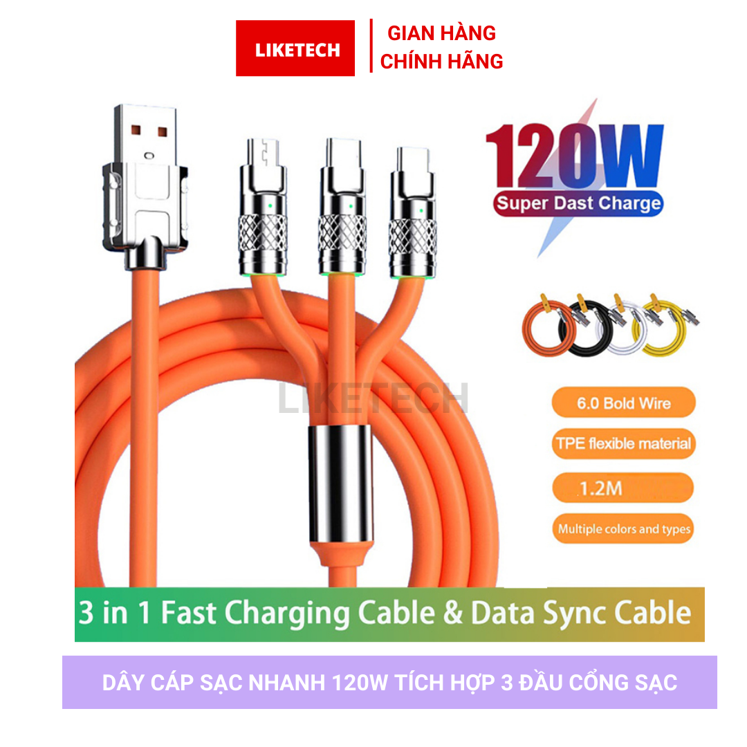 Cáp sạc nhanh chất liệu silicone và hợp kim kẽm tích hợp cáp sạc 3 trong 1 120W 6A cổng type C siêu bền