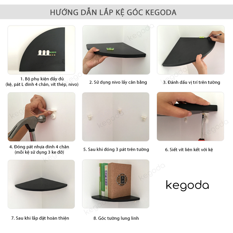 [Hỏa tốc] Kệ Gỗ Góc Tường Hình Quạt Tam Giác, Tặng Kèm Pát Đỡ Thương Hiệu KEGODA