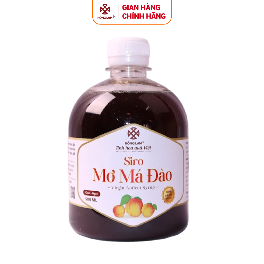 Siro mơ má đào Hồng Lam chai (500ml). Có vị chua, ngọt